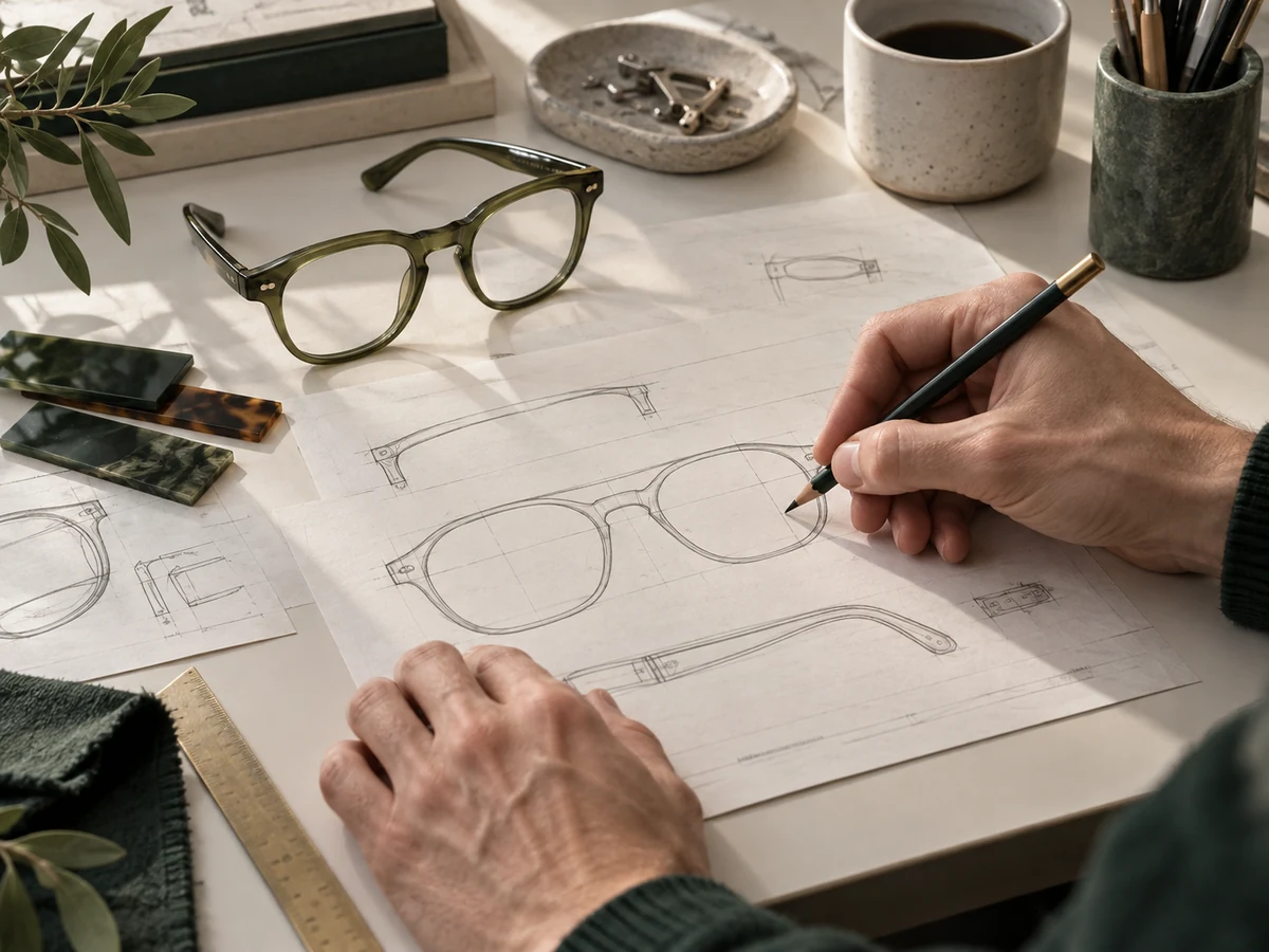AI illustration: Hand sketches and technical drawings on the desk