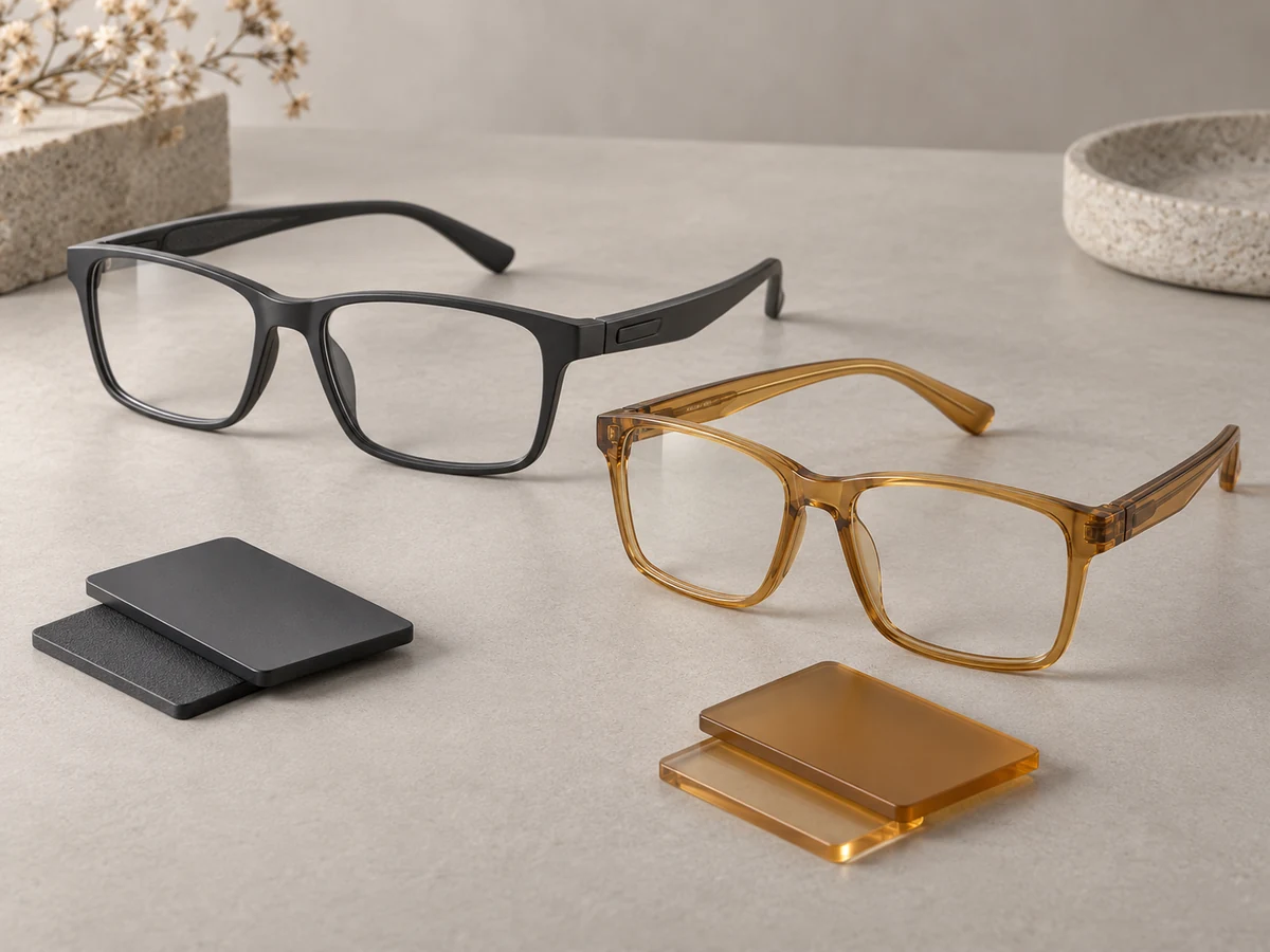 AI material illustration: TR90 and Ultem optical frame and matching material samples