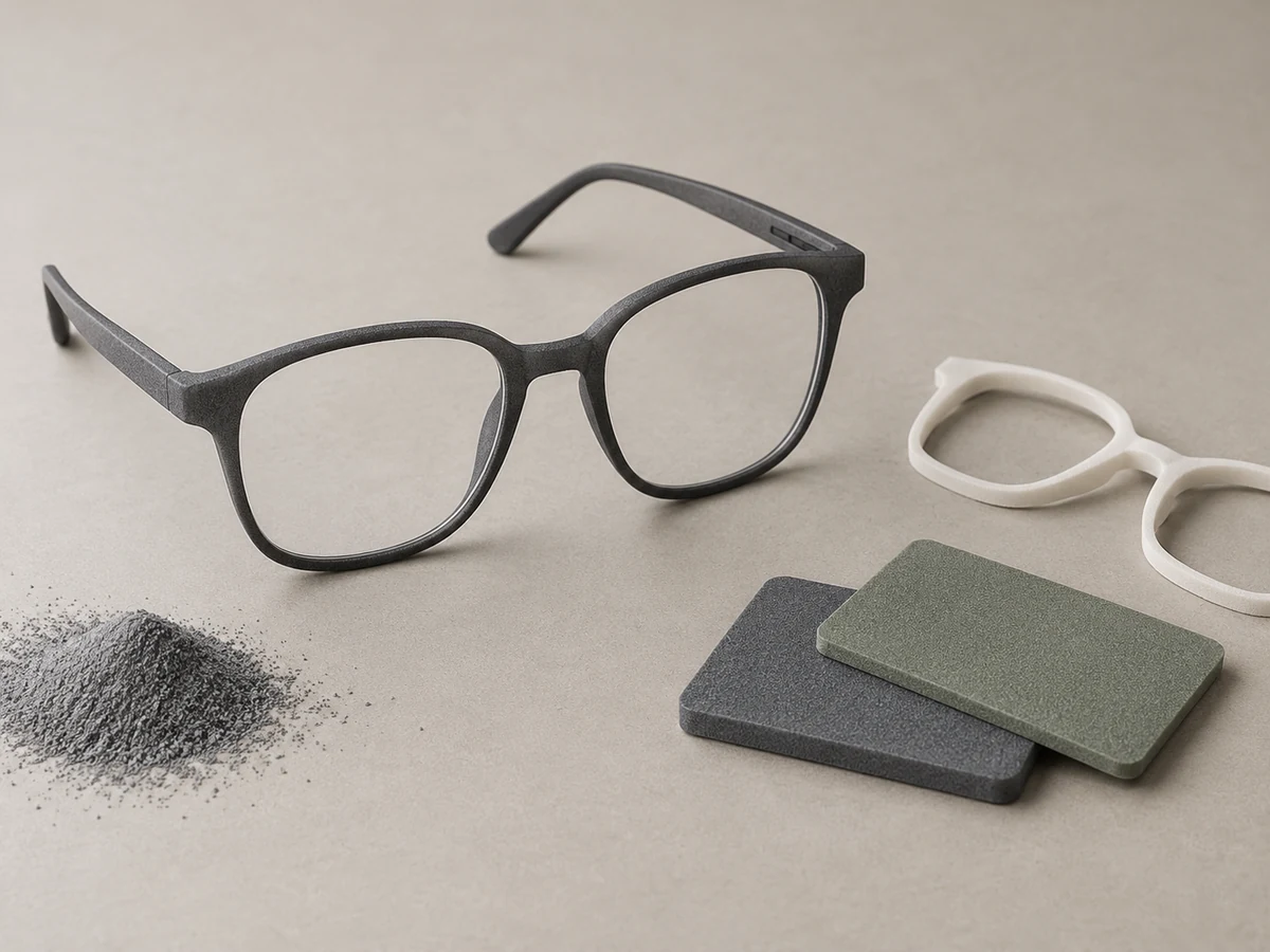 AI material illustration: 3D-printed nylon optical frame and matching material samples