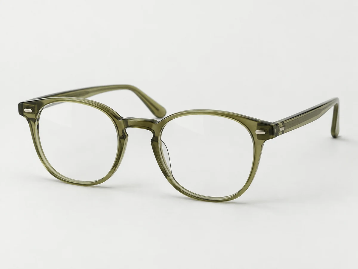 Pebble optical frame — AI concept visualization in translucent olive bio-acetate